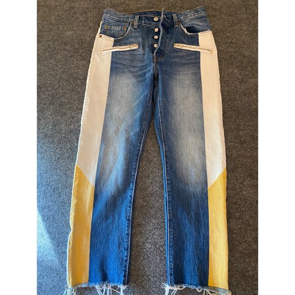 Levi's 501 Jeans Women 27x26 Yellow Stripe Button Fly Denim Raw Zipper Hem‎ - Picture 1 of 14